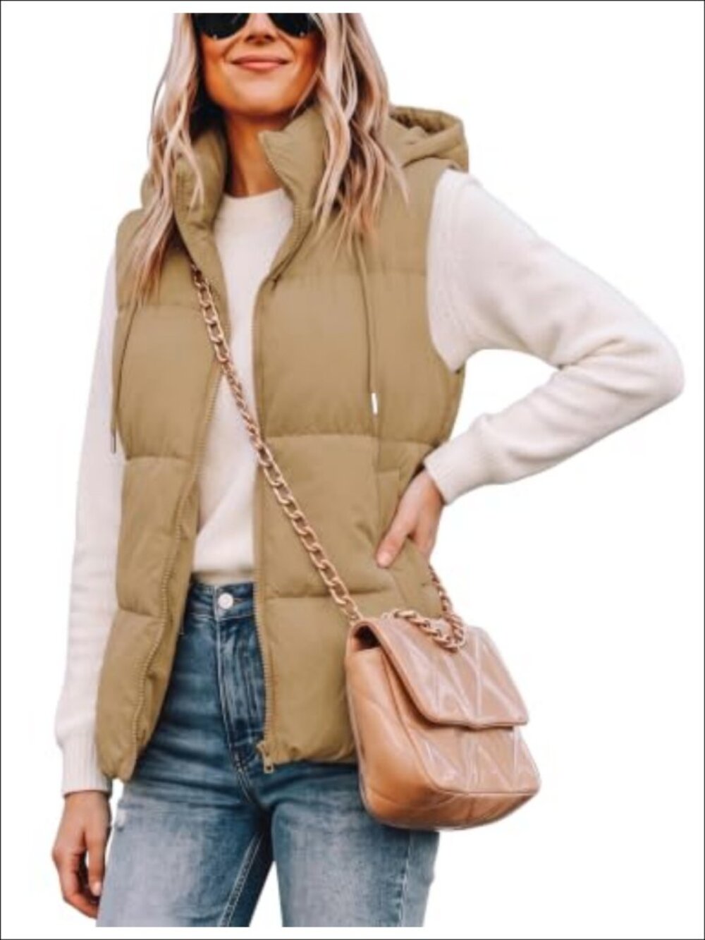 Womens Puffer Vest Detachable Hood Sleeveless Full Zip Quilted